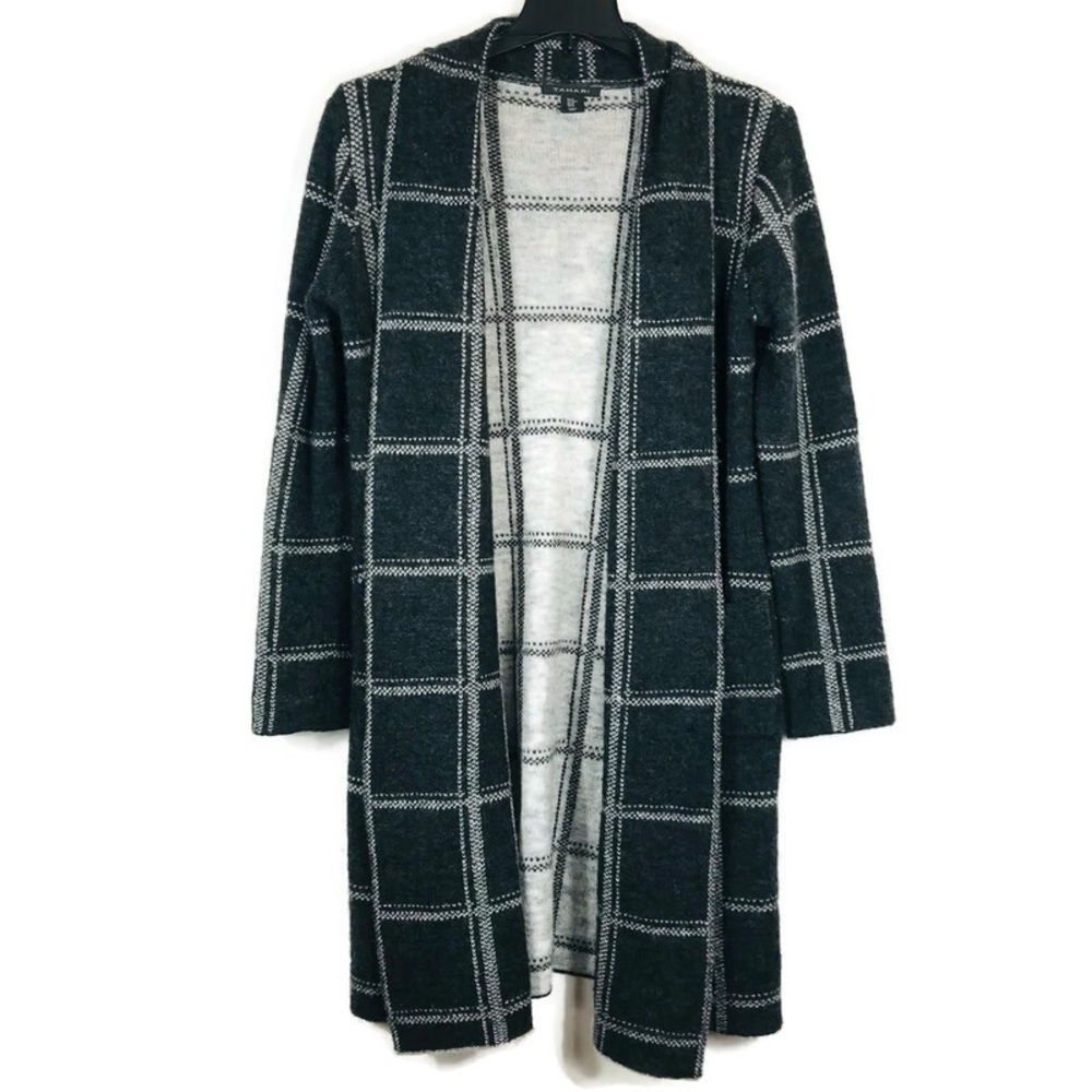 Tahari Sweater Open Front Long Cardigan Wool Blend Womens Medium Charcoal White